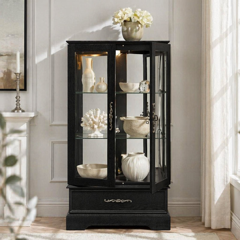 Vitrine lumineuse en verre avec tablettes réglables - Vitrine élégante à 2 portes et tiroir intégré, ampoule incluse, Black