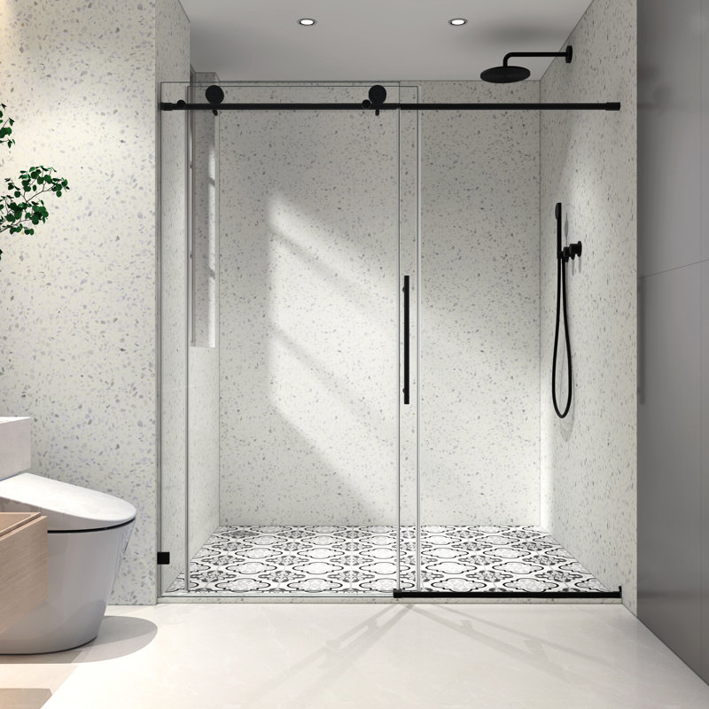 6076 Matte Black Shower Door, Design With One Fixed & Shifted Panel, 70Mm 304 Stainless Steel Pulleys, Soft Closing, Nano Cleaning, Tempered Glass For Bathroom Door 6076, Adjustable , Easy Glass,