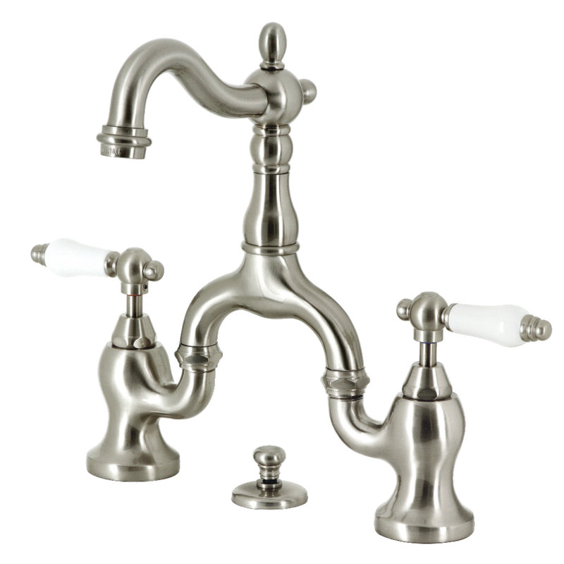 Kingston Brass English Country Two-Handle 3-Hole Deck Mount Bridge Bathroom Faucet with Brass Pop-Up, Brushed Nickel