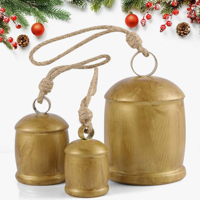 Decorative Cow Bells Set of 3, Vintage Rustic Christmas Hanging Bells, Large Ornaments for Mantel, Garlands & Table Centerpiece