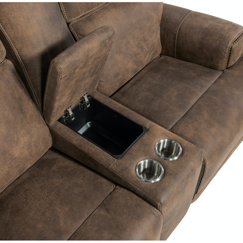 Seville Timber Brown Leather Reclining Loveseat with Storage and Cup Holder