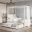 Lit à baldaquin pleine grandeur beige avec lit gigogne et tiroirs - Plateforme de meubles de chambre à coucher moderne et tiroirs-1224849299