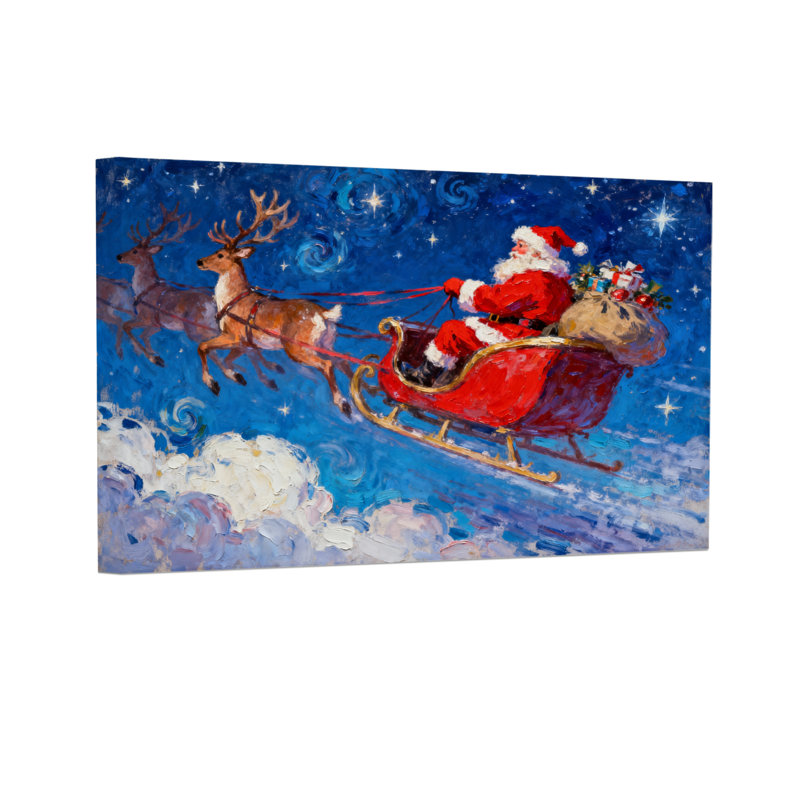 Père Noël de Noël volant avec des rennes dans le ciel nocturne, H 12 po x l 18 po