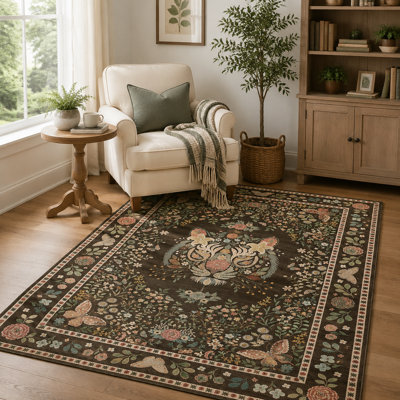 Tapis tigré et imprimé floral en faux velours lavable à la machine