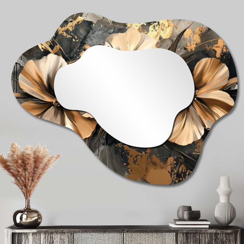 Cuivre dansant des coquelicots - miroir mural asymétrique coquelicots, miroir de coiffeuse traditionnel, imprimé sur métal