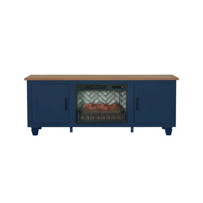 1 console multimédia avec foyer électrique encastré bleu et effet de braise