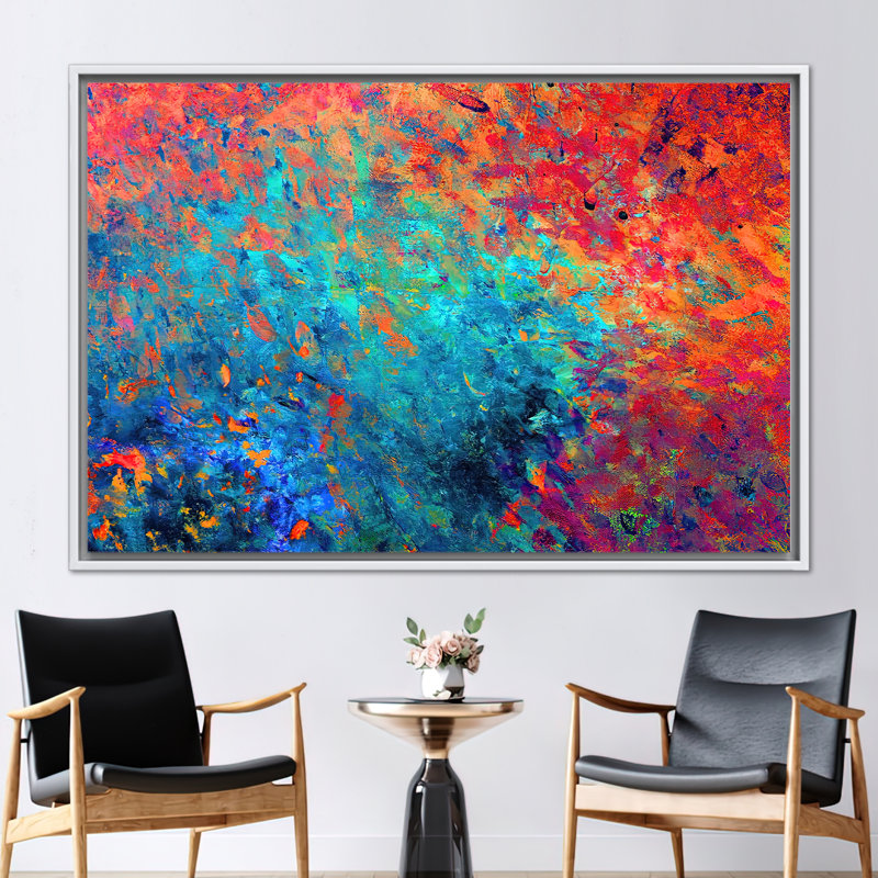 Vivid Abstract Wall Art: Modern Canvas Print in Vibrant Orange and Red Tones, White Floater Frame, 80cm H x 110cm W