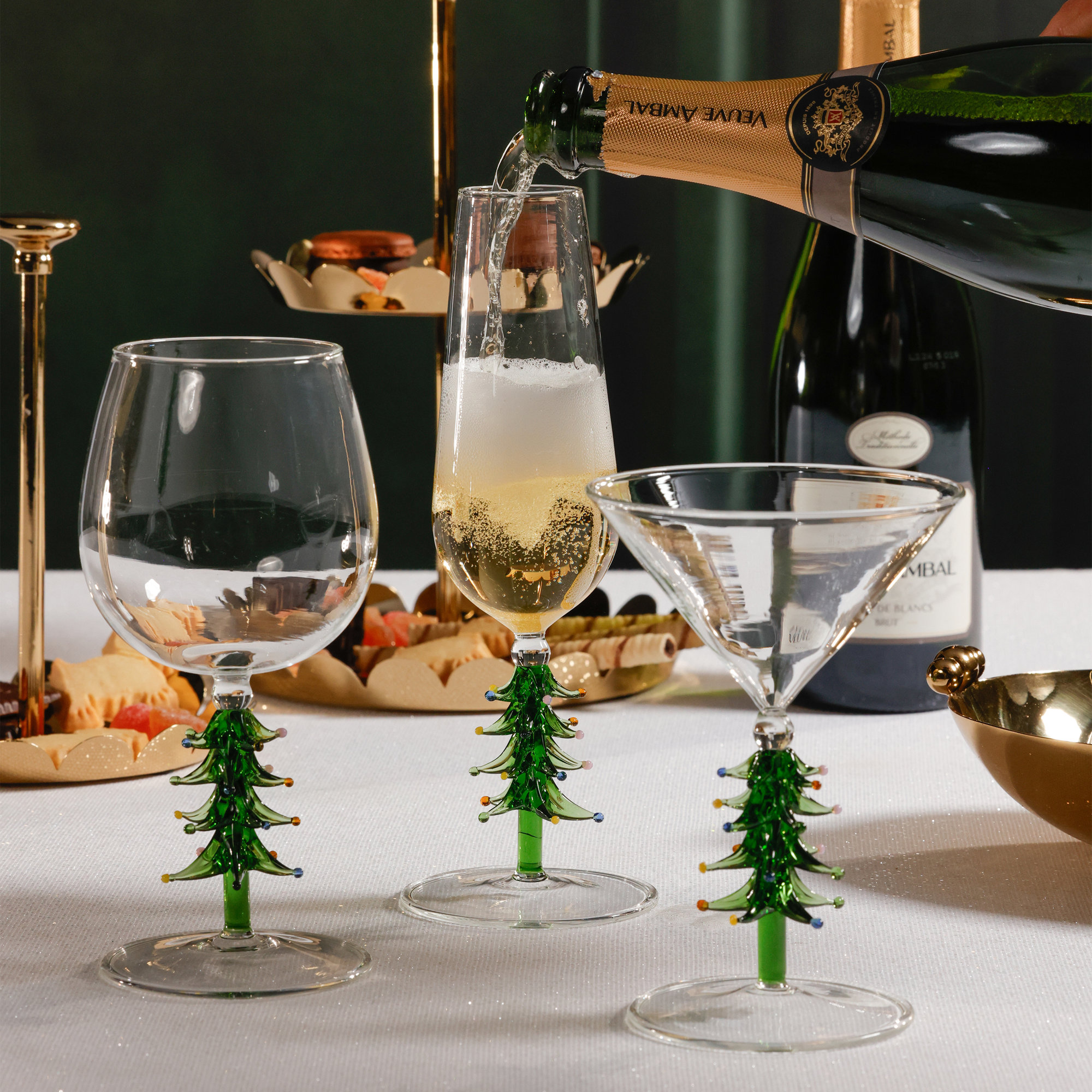 Leihlani Glass Champagne Flutes - Holiday Stemware, Set of 4, Green
