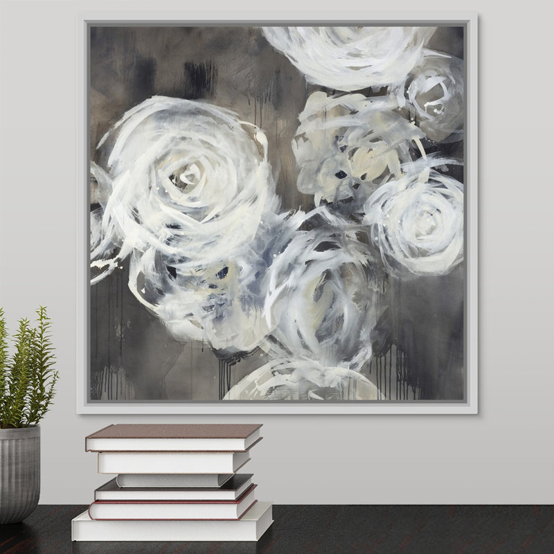 « neuf roses », peinture sur toile, Cadre flottant blanc, H 13,7 po x l 13,7 po x p 1,75 po