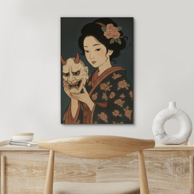 Woman with Demon Mask in Floral Kimono Art - Pictures Framed Canvas Print Wall Art