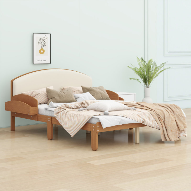 Structure de lit avec tête de lit courbée et tablettes de rangement latérales pour les chambres à coucher modernes, Double