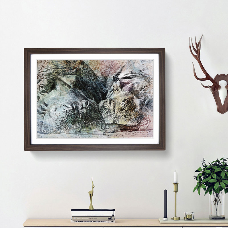 Pair of Sleeping Hippos in Abstract - Picture Frame Graphic Art Print, 36cm H x 48cm W x 2cm D, Walnut Framed