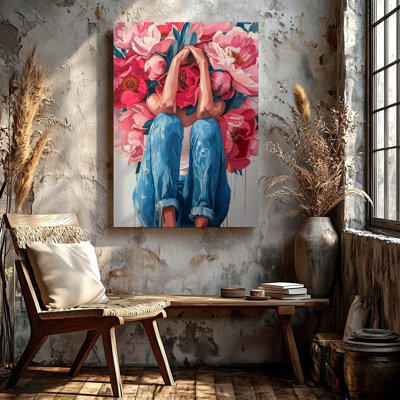 Abstract Woman Figure With Pink Peony Flowers Painting Canvas Wall Art Print, Floral Botanical Abstract Modern Pink Accent Home Decor For Living Room Bedroom Office Hallway