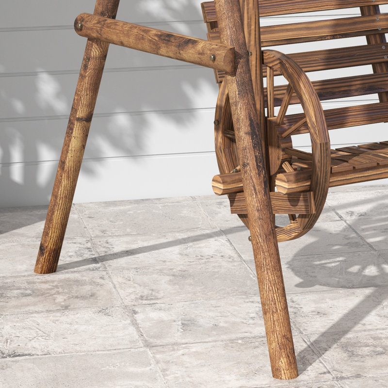 Rustic Carbonized Fir Wood 2-Person Porch Swing with Wagon Wheel Armrests