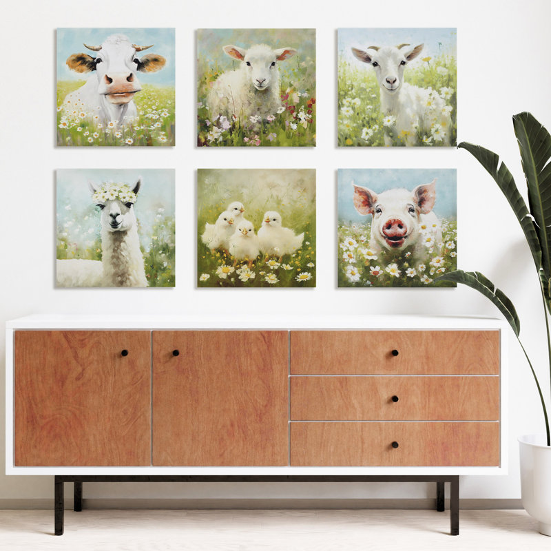 Lamb Canvas For Wall - Lovely In Flowering Field Decoration 16x16 's Interior Decor Sweet Flower 16"w X 16"h