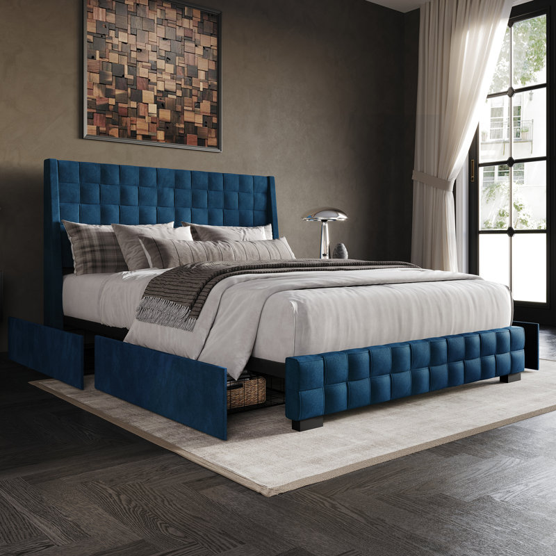 Dyisha Upholstered Unfinished Wingback Storage Bed, Queen, Navy Blue