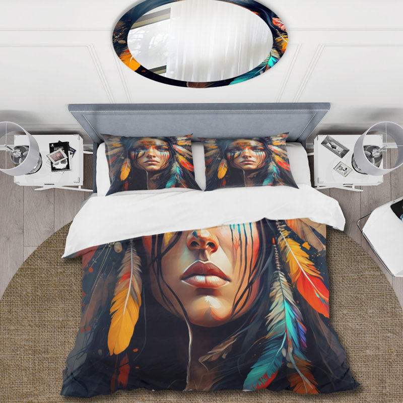 Ensemble de housse de couette Colorful Native American Woman VI - Portrait de femme - Microfibre de polyester