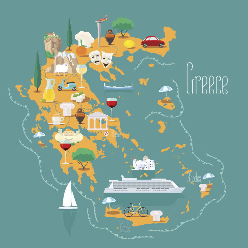 Map Of Greece With Islands Vector Illustration, Design - Wrapped Canvas Print, 30cm H x 30cm W x 3.8cm D