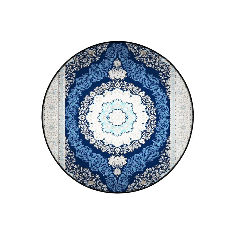 Navy Blue White Ethnic Pattern Detailed Woven Base Modern Decorative Carpet, Round 2'8"