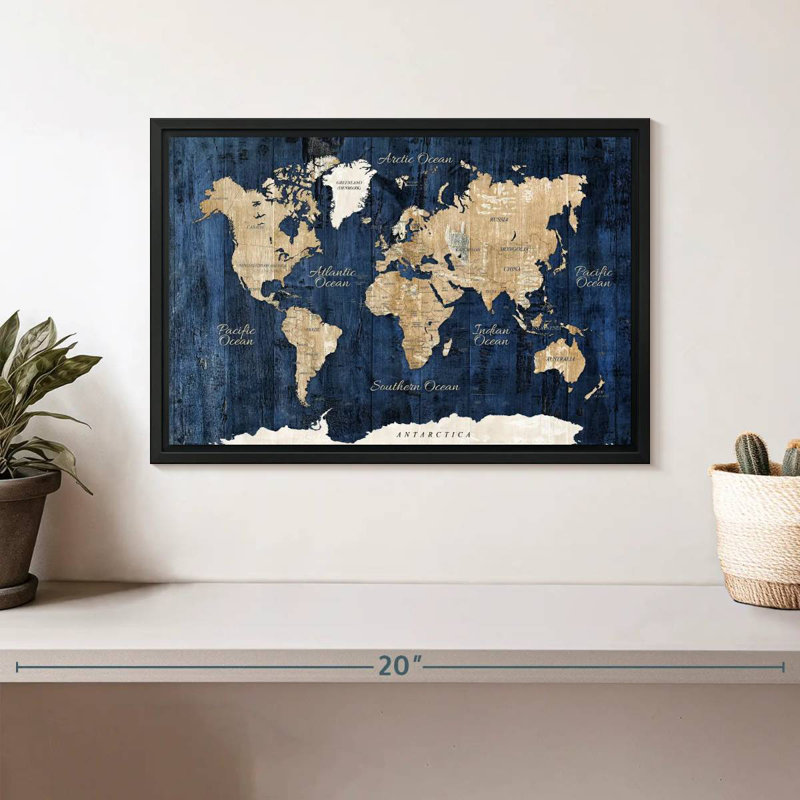 Carte du monde en bois texturé, 13 po x 9 po, Cadre flottant noir