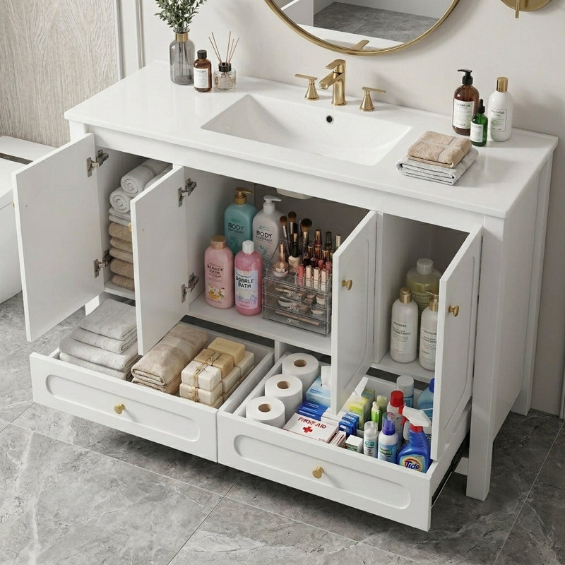 48'' Single Bathroom Vanity with Sink Top, 4 Soft-Close Doors & 2 Drawers, Modern Storage Cabinet for Bathroom, White, White