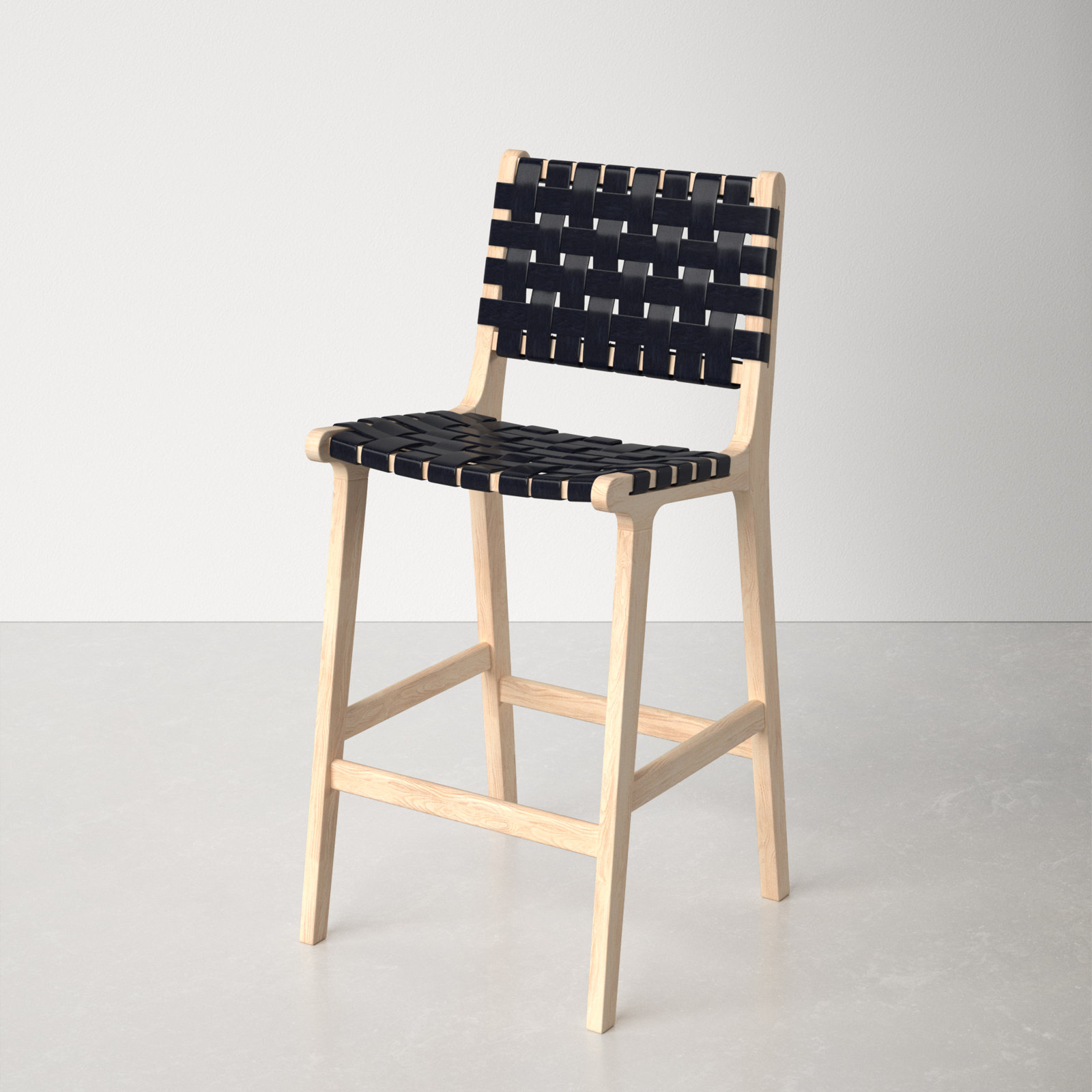Alston Leather Bar and Counter Stool, Black Leather/Natural Unfinished Frame, Counter Stool (27.16" Seat Height)