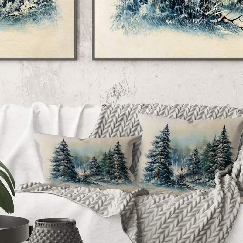 Winter Winter avec arbre à feuilles persistantes - coussin imprimé traditionnel, H 16 po x l 16 po, Carré
