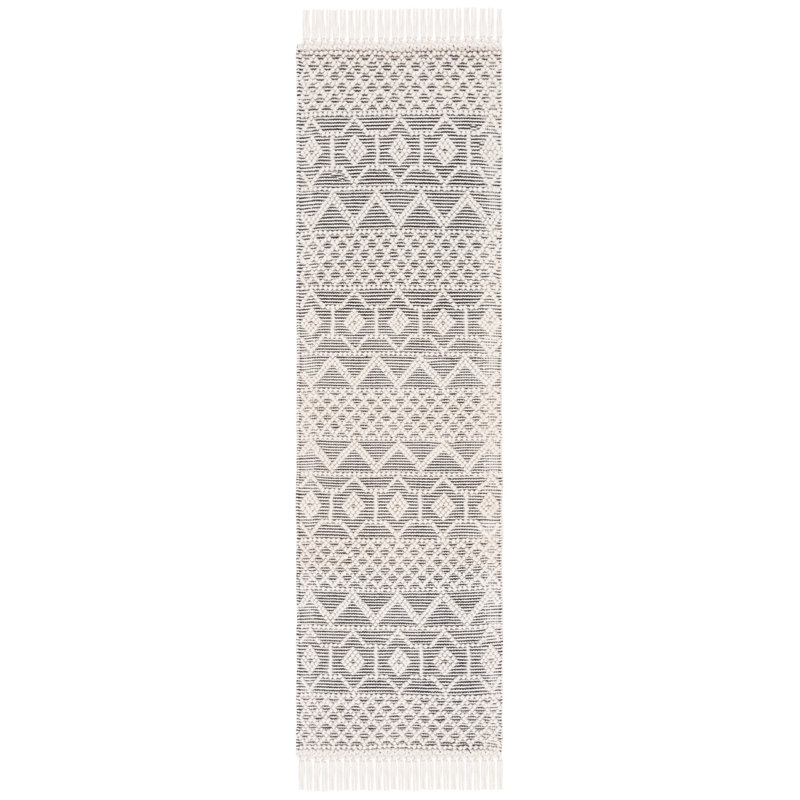 Natura Hand Loomed Wool/Cotton Geometric Rug in Black/Ivory, Runner 2'3" x 8'