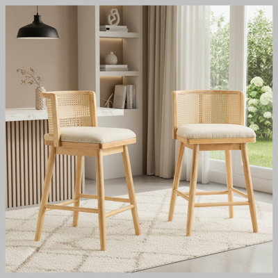 Talia Indoor Upholstered Wooden Counter Stool, Bar Chair, Natural Finish Frame with Beige Upholstery, Set of 2