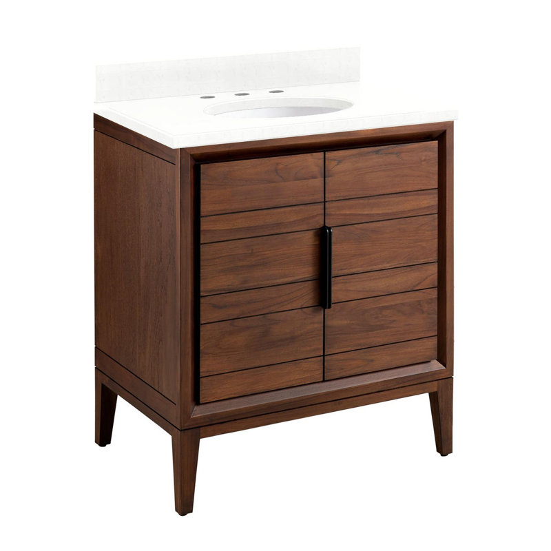 30" Aliso Single Bathroom Vanity Set with Oval Undermount Sink, Feathered White Quartz, 8" Widespread, Java