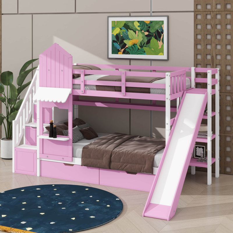Full-Over-Full Castle-Themed Bunk Bed With 2 Drawers, 3 Shelves And Slide, Pink
