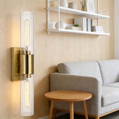 Luminaire de meuble-lavabo moderne 2 lumières, applique murale dorée avec abat-jour en verre transparent pour éclairage de miroir dans la salle de bain, la chambre à coucher, le salon, le couloir, la douille E26, ampoules non incluses