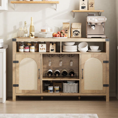 Wine Cabinate, 52.1" Rattan Farmhouse Liquor Cabinet With Wine Racks, Boho Sideboard Buffet Cabinet With Storage, Coffee Bar Cabinet For Home Living D by Gracie Oaks