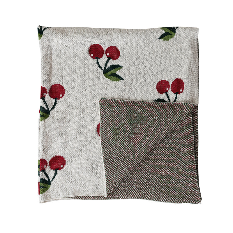 Cotton Knit Throw Blanket With Cherry Motif