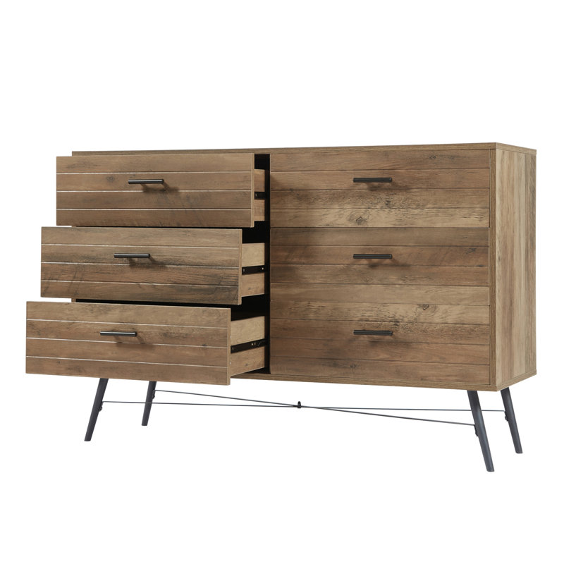 Buffet chic en bois massif avec commode à tiroirs, buffet, poignée en bois massif, Noyer / brun