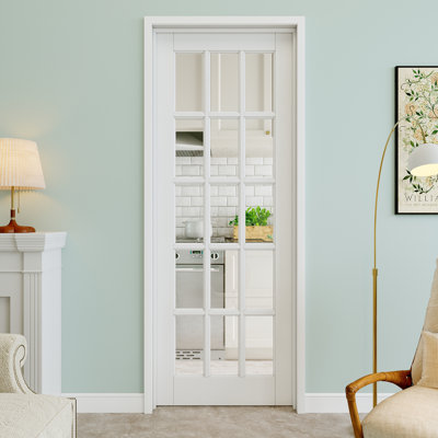 30" x 80" 15-Lite Clear Glass Interior Prehung Door with Black Hinges, Clear Glass Door Slab, Paintable & Waterproof, Suit for Laundry, Closet Doors, Room Doors, Right Hand
