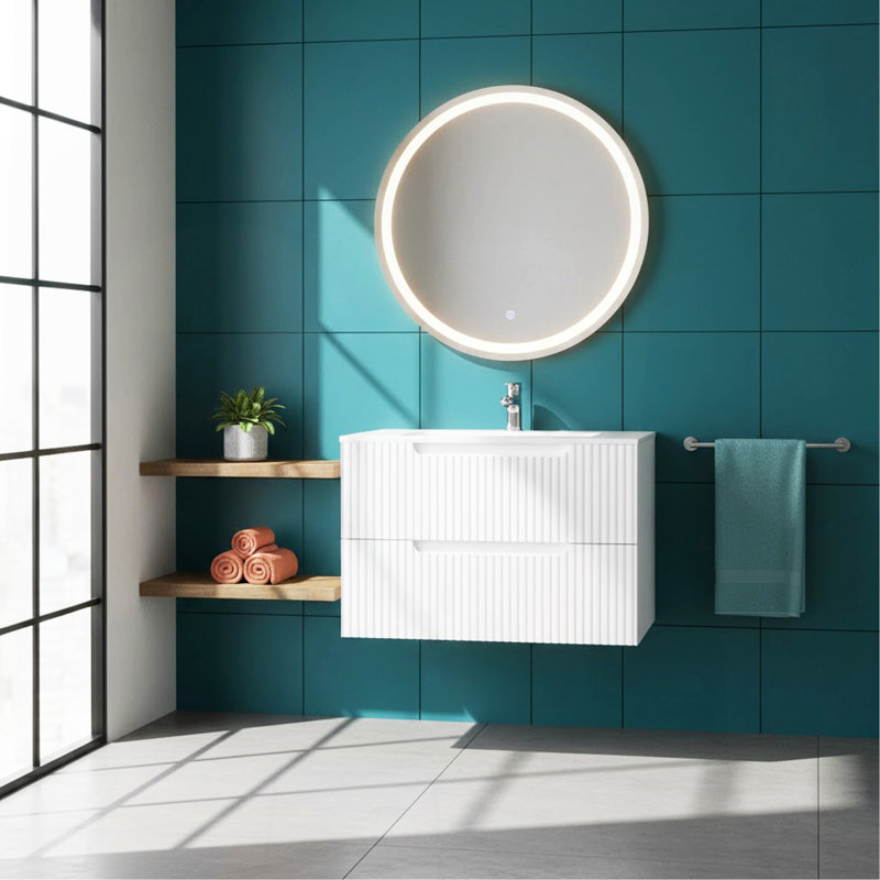 Ensemble de meuble-lavabo mural 30 po avec lavabo flottant, système de fermeture en douceur, 2 très grands tiroirs, blanc