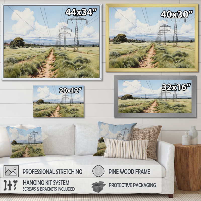 Power Lines Electric Reverie V sur toile, Cadre flottant doré, 12" H x 20" W