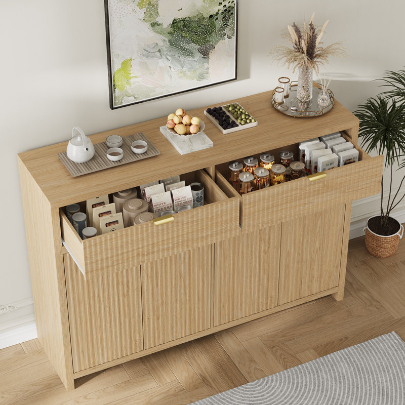 Armoire de rangement cannelée avec tiroirs et tablettes - Buffet de style campagnard pour le salon, le vestibule, Jaune
