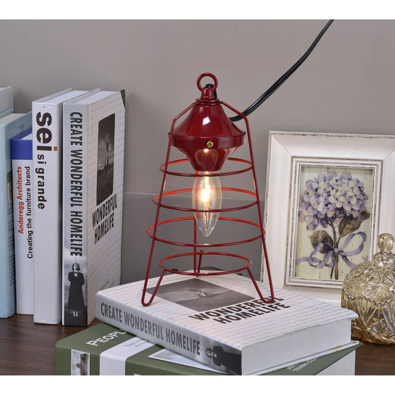 9.5" Tall Table Lamp, Camp Lantern Design, Red