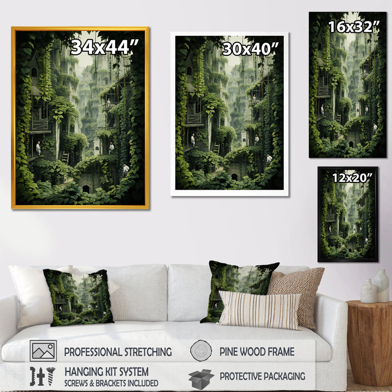 «Hidden Forest Castle Unveilé II», art mural forêt, Cadre flottant doré, H 44 po x l 34 po x P 1,5 po