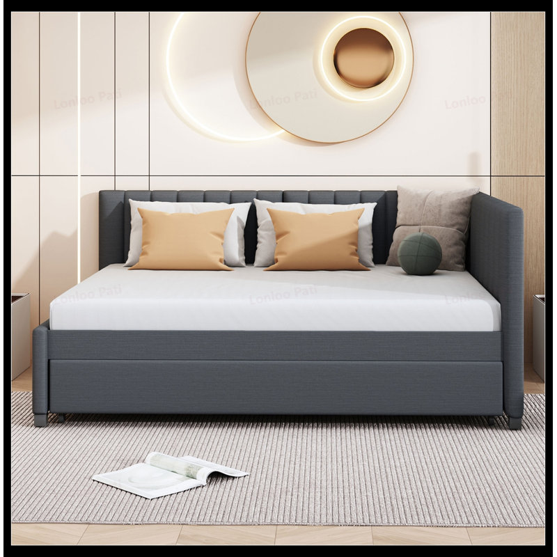 Full Size Upholstered Daybed with Trundle, Linen Fabric, No Box Spring Needed, Space-Saving and Durable, Gray