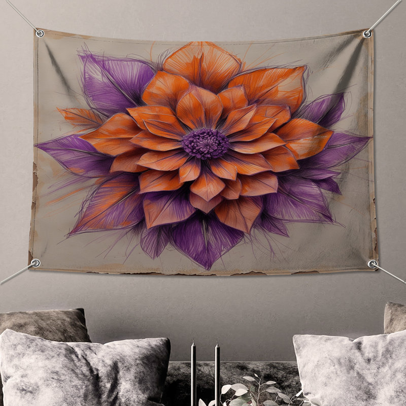 Tapisserie murale «Dahlia» orange - mauve, H 104 po x 88 avec 4 œillets