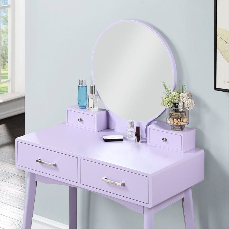 Purple Vanity And Stool - Contemporary Style With Drawers, Solid Wood, , 12.6"H Dimension Wood , Tapered Legs Storage Solution