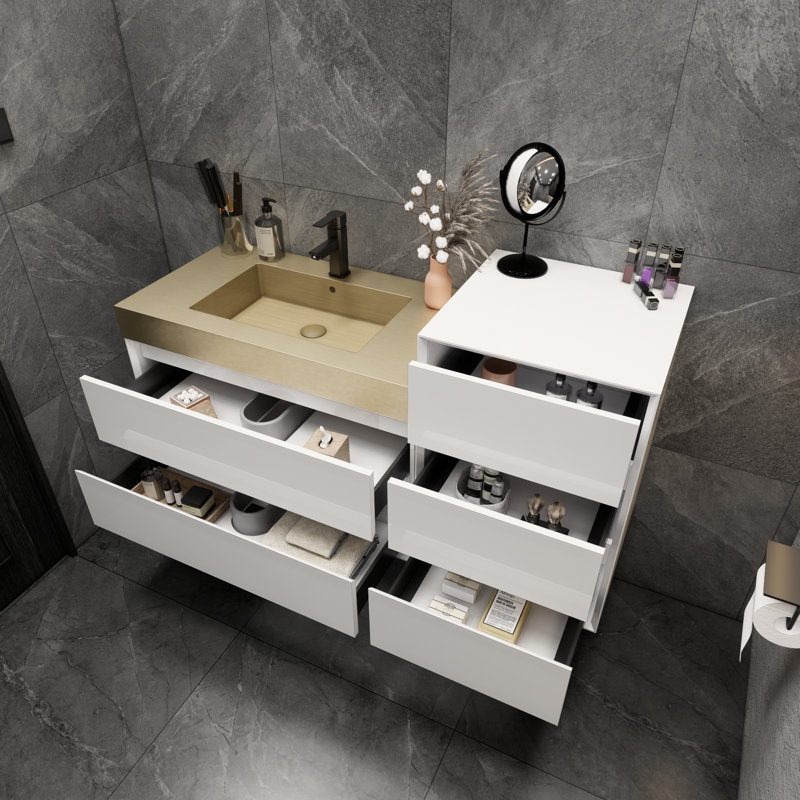 Meuble-lavabo mural blanc brillant de 44 po avec lavabo en acier doré Lux