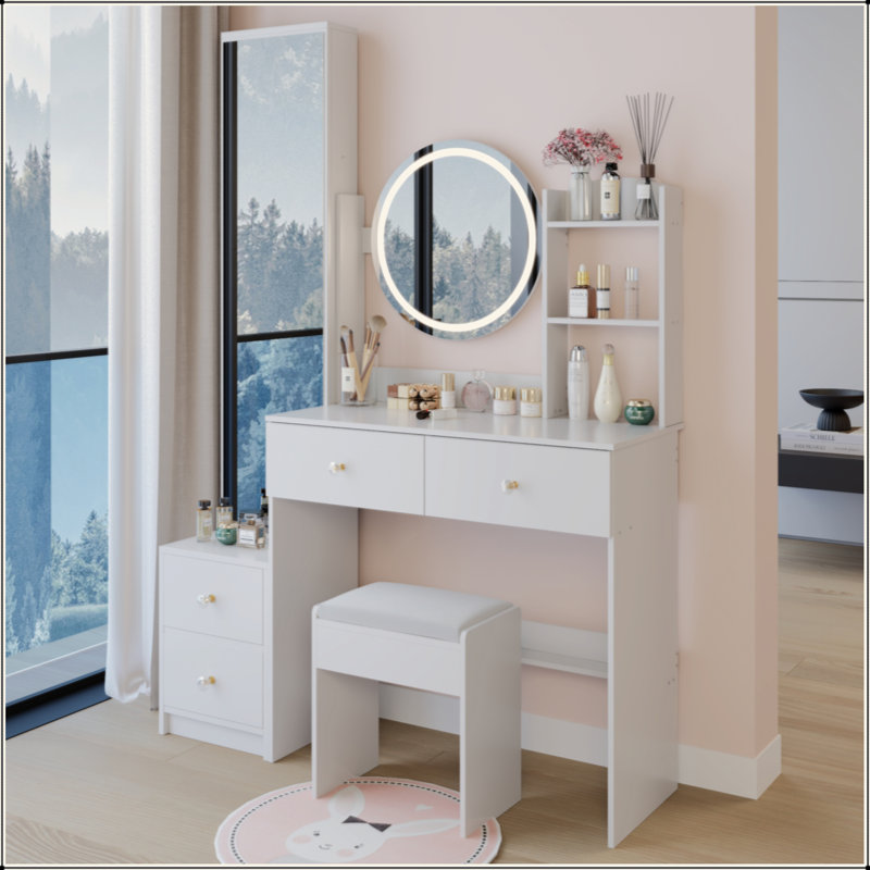 Full Body Mirror Cabinet + Round Mirror LED Vanity Table + Cushioned Stool, 17" Diameter LED Mirror, Touch Control, 3-Color, Brightness Adjustable, Large Desktop, Multi-Layer High Capacity Storage