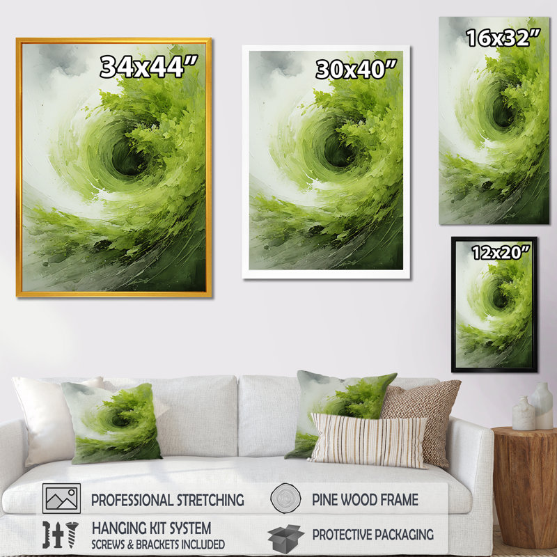 «Green and White Whsipering Abstract Spiral I», art mural spirales abstraites, Cadre simple noir, H 32 po x l 24 po x P 1 po