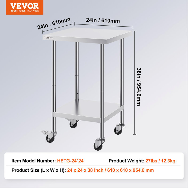 Table de travail en acier inoxydable 24 x 24 x 38 pouces, avec 4 roulettes, 3 niveaux de hauteur réglables, table de travail robuste pour la préparation des aliments pour restaurant de cuisine commerciale, argent