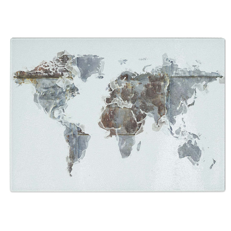 Tempered Glass Rusted World Map Chopping Board, 39 cm W x 28.5 cm L