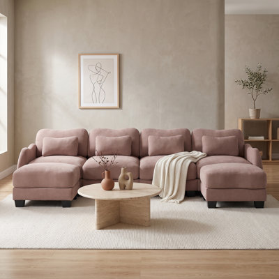 Canapé Aveline 4 places en chenille avec 2 poufs et accoudoirs sculptés